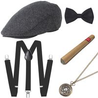 BABEYOND 1920s Mens Gatsby Costume Accessories Set Includes Panama Hat Elastic Y-Back Suspender Pre Tied Bow Tie Pocket Watch and Plastic Cigar (Set-2)