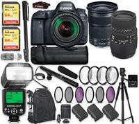 Canon EOS 6D Mark II DSLR Camera w/ 24-105mm STM Lens & Sigma 70-300mm Lens + 2X 64GB Sandisk Extreme Memory + Auto TTL Flash (Guide # 58/190 ft) + 60" Portable Tripod + Professional Kit