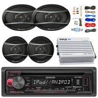 Kenwood KDC168U Car Radio USB AUX CD Player Receiver - Bundle with 2X TSA1676R 6.5" 3-Way Car Audio Speakers - 2X 6.5-6.75" 4-Way Stereo Speaker + 4-Channel Amplifier + Amp Kit