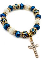 Catholic Crystallized Cross Deep Blue Crystal Beads Wrist Rosary Bracelet Adjustable Elastic Bangle