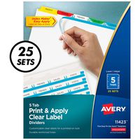 Avery 5-Tab Binder Dividers, Easy Print & Apply Clear Label Strip, Index Maker, Multicolor Tabs, 25 Sets (11423)