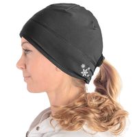 Women`s Ponytail Hat | Running Beanie With Ponytail Hole | Reflective Beanie With Hole For Pony Tail - Thin Fleece Fabric (Jet Black)