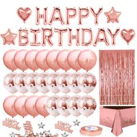 MOVINPE Rose Gold Birthday Party Decoration, Happy Birthday Banner, Rose Gold Fringe Curtain, Foil Tablecloth, Heart Star Foil Confetti Balloons, 10g Table Confetti for Girl Women Birthday Party