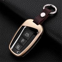 MissBlue] Car Key Fob Cover for Hyundai Grand Santa Fe ix45 Genesis Equus Remote Key Engine Start Stop, Mirror Back Design Car Key Case Cover, Aircraft Aluminum + Genuine Leather Keychain - Gold