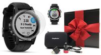 Garmin Fenix 5S Plus+ (Silver with Black Band) GPS Watch Gift Box Bundle | +Screen Protectors, PlayBetter USB Chargers & Protective Case | 2018 Model, Glass Version | Black Gift Box, Red Bow