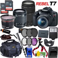 Canon DSLR Camera EOS Rebel T7 Bundle with 18-55mm is II Lens + 75-300mm III Zoom Lens, International Version + Fisheye Lens + 64GB Memory (2X 32GB's) + Slave Flash + Deluxe Accessory Kit w/HeroFiber
