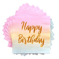 Happy Birthday Napkins - 100 Pack Pink Birthday Disposable Paper Napkins with Gold Foil Printing on Pink Yellow Blue Ombre Gradient for Ombre Party Supplies - 6.5" x 6.5" inches