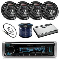 Kenwood KMR-M315BT Marine Boat Yacht Radio Stereo Receiver Bundle Combo With 4x JVC CS-DR6201MW 6.5" 2-Way Coaxial Speakers + 360-Watt Amplifier + Enrock Radio Antenna + 50 Foot 16g Speaker Wire