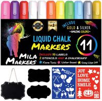 Chalk Markers by MilaMarkers, Pack of 11 + A Chalkboard + Christmas Drawing Stencils + 16 Labels, Premium Liquid Chalkboard Neon Pens, Including Gold, Silver and Extra White Ink,6mm Tips
