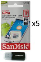 Sandisk Micro SDHC Ultra (5 Pack) MicroSD TF Flash Memory Card 16GB 16G Class 10 SDSQUNB-016G with Everything But Stromboli Memory Card Reader