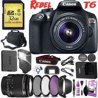 Canon EOS Rebel T6 DSLR Camera 18-55mm Lens - Essential Bundle - 32GB Memory Card - Carrying Case - Filter Kit - Battery - Cleaning Kit