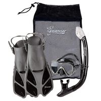 Seavenger Diving Dry Top Snorkel Set with Trek Fin, Single Lens Mask and Gear Bag, XS/XXS - Size 1 to 4 or Children 10-13, Gray/Black Silicon