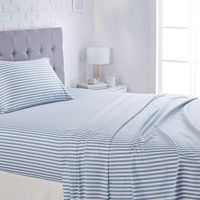 AmazonBasics Lightweight Super Soft Easy Care Microfiber Sheet Set with 16" Deep Pockets - Twin, Dusty Blue Pinstripe