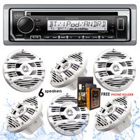 Kenwood KMR-D372BT Bluetooth Receiver + KFC-1653MRW 6.5" 2-Way Marine Speaker Boat-Yacht-ATV - 6 Speakers/450W + Free Magnet Phone Holder