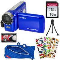 Bell & Howell DV200HD HD Video Camera Camcorder with Built-in Video Light (Blue) with 16GB Card + Monstar Case + Stickers + Tripod Kit