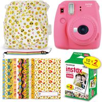 FujiFilm Instax Mini 9 Instant Camera Flamingo Pink + Fuji Instax Film (20 Sheets) + Emoji Print Hard Clear Case + 20 Emoji Sticker Frames + Rainbow Neck/Shoulder Strap
