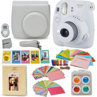 Fujifilm Instax Mini 9 Instant Fuji Camera (Smokey White) + Accessories Bundle + Custom Matching Case w/Neck Strap + Photo Album + Assorted Frames + 4 Color Filters + 60 Sticker Frames + More