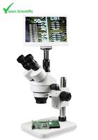 Vision Scientific VS-1F Simul-Focal Trinocular Zoom Stereo Microscope, 10x Widefield Eyepiece, 0.7X-4.5X Zoom Range, 7X-45x Magnification Range, Pillar Stand, 11.6" Retina HD Display with 5MP Camera