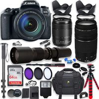 Canon EOS 77D DSLR Camera with EF-S 18-135mm f/3.5-5.6 is USM Lens + Canon EF 75-300mm f/4-5.6 III Lens and 500mm Preset Lens + 64GB Memory + Filters + Monopod + Spider Tripod + Professional Bundle