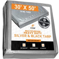 Heavy Duty Poly Tarp - 30' x 50' - 10 Mil Thick Waterproof, UV Blocking Protective Cover - Reversible Silver and Black - Laminated Coating - Rustproof Grommets - by Xpose Safety