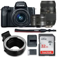 Canon EOS M50 Mirrorless Digital Camera (Black) Bundle w/Canon EF-M 15-45mm is STM & Tamron 70-300mm Di LD Lenses + Auto (EF/EF-S to EF-M) Mount Adapter + Basic Camera Kit