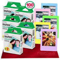 Fujifilm instax Square Instant Film (100 Exposures) Compatible Instax Square SQ6, SQ10 and SQ20 Instant Cameras + 5 Color Picture Frames + FiberTique Cleaning Cloth