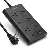 15A Surge Protector Power Strip - SUPERDANNY Flat Plug 9.8ft 14AWG Extension Cord 6 Outlet with 4 USB Fast Charging Ports, Adjustable Voltage 110-240V for iPhone iPad Home Indoor Office Desktop Black