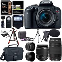 Canon EOS Rebel T7i EF-S 18-55 is STM Camera Kit, EF 75-300mm III, Lexar 633x U3 64GB, XIT Wide Angle, Telephoto Lens, Ritz Gear 57" Tripod and Accessory Bundle