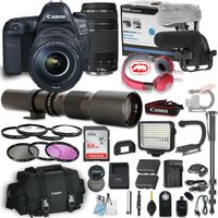 Canon EOS 5D Mark IV DSLR Camera w/ 24-105mm f/4L is II USM Lens + Canon 75-300mm Lens + 500mm Preset Lens + Professional Video Accessory Bundle Includes ECKO Headphones, Microphone, LED Light & More