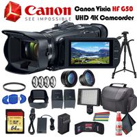 Canon Vixia HF G50 UHD 4K Camcorder (Black) (3667C002) with Extra Battery, UV Filter, Close Up Diopters, Wide Angle Lens,Tripod, Padded Case, LED Light, 64GB Memory Card and More Advanced Bundle