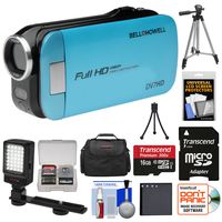 Bell & Howell Slice2 DV7HD 1080p HD Slim Video Camera Camcorder (Blue) with 16GB Card + Battery + Case + Tripods + LED Light + Kit