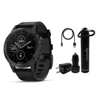 Garmin Fenix 5 Plus Premium Multisport GPS Watch with Maps, Music and Contactless Payments and Wearable4U Ultimate Power Pack Bundle (Sapphire/Black with Black Leather Band)