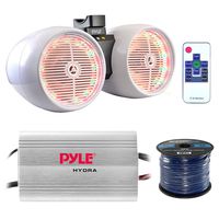 Marine Speaker And Amp Combo: Pyle PLMRMP3A 4 Channel 1200 Watt Waterproof MP3 Power Amplifier Bundle With 6.5" 400W Dual Wakeboard Waterproof LED White Tower Speakers + Enrock 50Ft 16g Speaker Wire