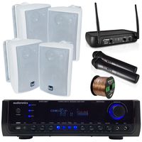 Audioronics 1500 Watt Hybrid Digital Stereo Receiver Amplifier, Dual Electronics 4" 3-Way Indoor Outdoor Speakers - White, Dual Channel VHF Wireless Microphone System, 16G 50Ft Speaker Wire