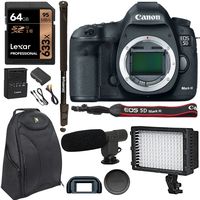 Canon 5D Mark III 22.3MP Full Frame CMOS 1080p HD Video Mode Digital SLR Camera Body, Polaroid 72" Monopod, Lexar 64GB SDXC, LED Lighting, Condenser Microphone, Polaroid Battery & Accessory Kit