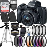 Canon EOS M50 Mirrorless Digital Camera with 15-45mm Lens Deluxe Bundle: Includes- SanDisk Ultra 64GB SDXC Memory Card + Extended Life Battery + 50" Tripod + 3pc Multi-Coated Filter Set + More