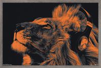 Trends International Lion with Headphones Wall Poster, 14" x 22", Framed Version