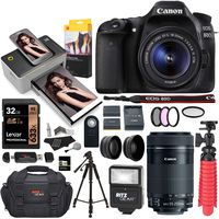 Canon EOS 80D DSLR Camera 18-55mm is STM Kit with EF-S 55-250 is STM Lens, Kodak Printer Dock, Printer Paper, Lexar 32GB U3 Memory Card Bundle