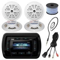 Pyle PATVR14 MP3 MP5 Bluetooth Marine Boat Stereo Receiver Bundle Combo with 4X White 5-1/4'' Inch Dual Cone Waterproof Stereo Speaker + Enrock Radio Antenna + USB/AUX to RCA Cable +18G 50-FT Wire