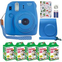 Fujifilm Instax Mini 9 Instant Camera Cobalt Blue with Custom Case + Fuji Instax Film Value Pack (50 Sheets) Flamingo Designer Photo Album for Fuji instax Mini 9 Photos