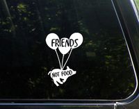 Friends Not Food (Pig with Balloons) - 3-3/4" x 5-1/2" - Vinyl Die Cut Decal/Bumper Sticker for Windows, Cars, Trucks, Laptops, Etc.
