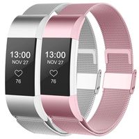 CCnutri Compatible with Fitbit Charge 2 Bands, Stainless Steel Loop Metal Mesh Bracelet for Fitbit Charge 2 Replacement Wristbands for Women Men, Small Rosepink+Silver,2 Pack