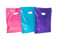 150 12x15 Merchandise Bags: ACME Bag Bros Large Glossy Purple, Pink & Teal Plastic Bags with Handles; Plastic Retail Bags; Plastic Shopping Bags, high Density Retail Merchandise Bags