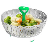 Vremi Collapsible Vegetable Steamer Basket- Food Safe Round Stainless Steel Steaming Tray - Fits Large and Small Pans, Pots, Instant Pressure Cookers - Extendable Handle and Silicone Feet - Green