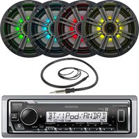 Kenwood Marine Digital Media USB/Bluetooth Receiver Headunit (No CD), 4 x Kicker 6.5" OEM Replacement Mulitcolor LED Coaxial Audio Speakers (Charcoal Grilles), Radio Antenna