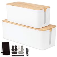 Cable Management Box, 2 Pack - White Cord Organizer with Wood Top - Hider for Wires, Power Strips, Surge Protectors & More - Includes Cable Sleeve, Hook and Loop Keepers, Zip Ties & Clips