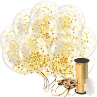 Decopom Gold Confetti Balloons Curling Ribbon - Roll & Flower Clips 32 Pack | Premium 12 Inch Latex Party Balloons - Filled Round Golden Mylar Foil Dot Confetti Birthday, Wedding, Proposal...