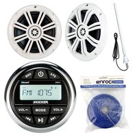 Kicker KMC2 Marine Boat Yacht Gauge Style AM/FM Stereo Receiver Bundle Combo With 2x 6.5" Inch 300-Watt White Coaxial Audio Speakers + Enrock 45" Antenna + 50 Feet 14g Speaker Wire