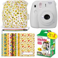 FujiFilm Instax Mini 9 Instant Camera Smokey White + Fuji Instax Film (20 Sheets) + Emoji Print Hard Clear Case + 20 Emoji Sticker Frames + Rainbow Neck/Shoulder Strap