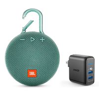JBL Clip 3 Portable Bluetooth Wireless Speaker Bundle with Dual Port 24W USB Travel Wall Charger - Teal